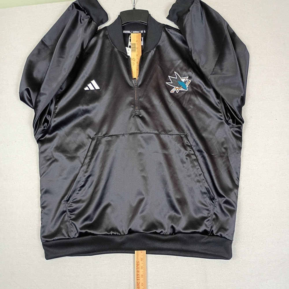 Adidas NHL San‎ Jose Sharks Quarter Zip Satin Bomber Jacket Black IT8999 2XL NWT - Picture 15 of 16